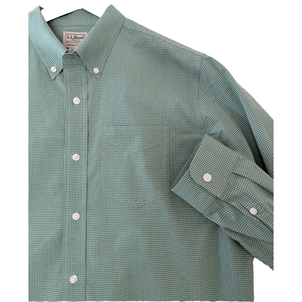 LL Bean Button Up Shirt Mens L Green Gingham Check Slightly Fitted Office Casual
